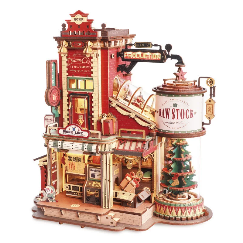 Fabbrica di regali da sogno di Natale Carillon in legno 3D con puzzle leggero Regali Giocattolo per bambini Kit di blocchi di costruzione per bambini