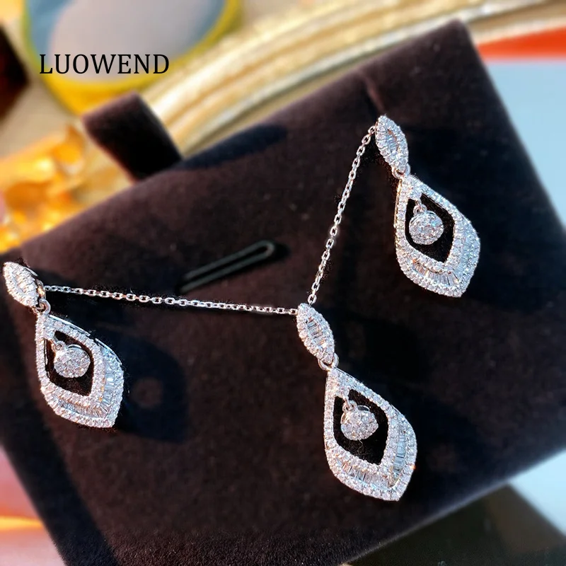 

LUOWEND 100% ожерелье из белого золота 18 карат, элегантный стиль, 0,80 карата, ожерелье и серьги из настоящего натурального бриллианта для женщин, комплект высоких ювелирных изделий