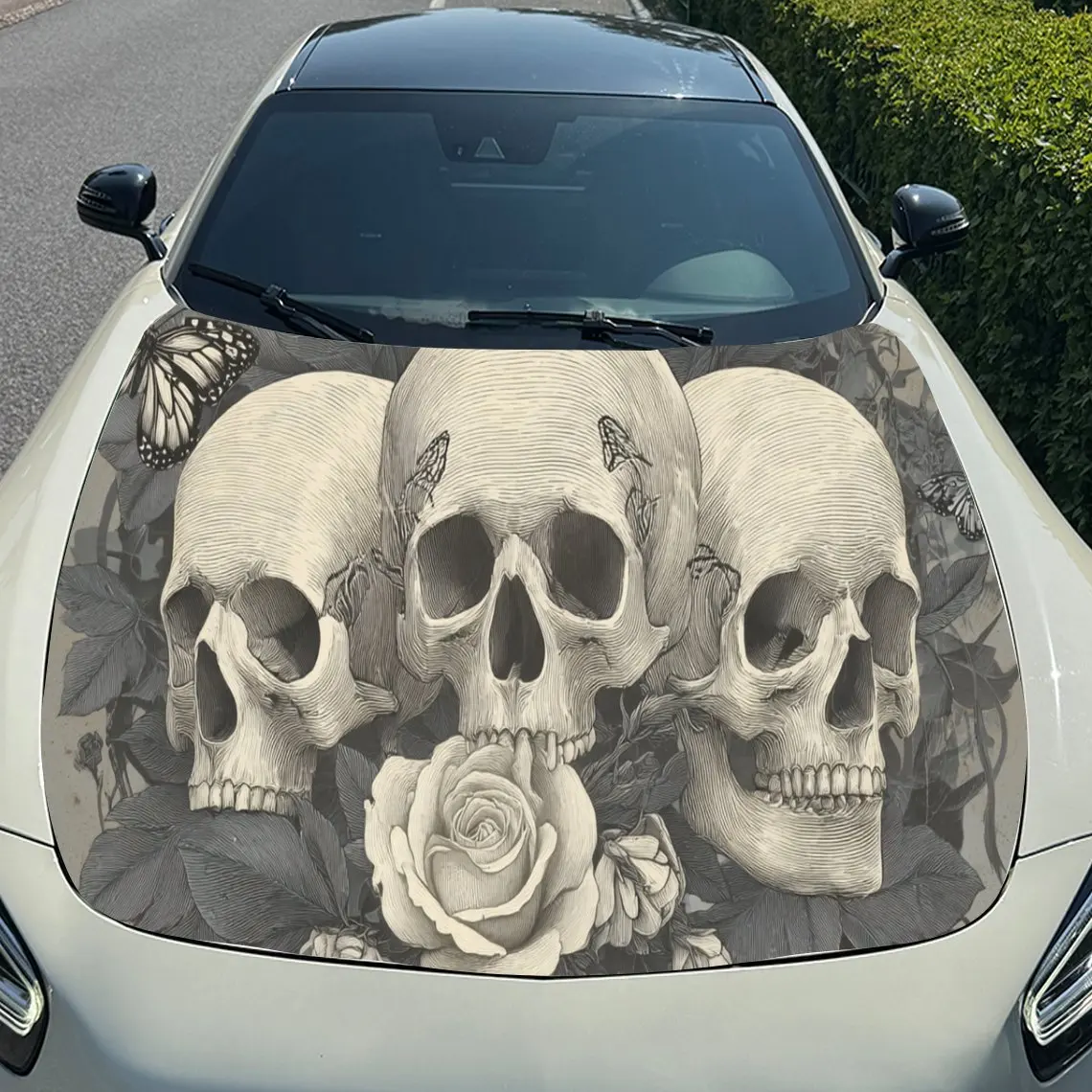 Retro Skull Rose Car Hood Sticker PVC Self Waterproof Stick, Striking Auto Exterior Accessories Decor Protect Gift for Car Lover