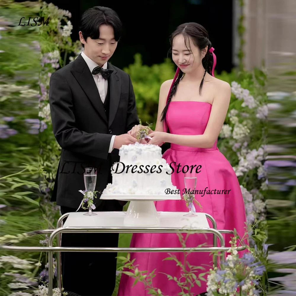 

LISM Fuschia Evening Party Dresses Korea Wedding Photo shoot Strapless Matte Satin Floor Length Simple Bride Gowns Corset Back