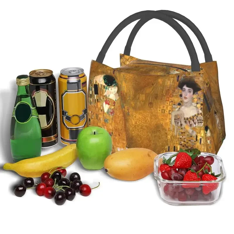 Gustav Klimt Insulated Lunch Bags for Women Leakproof Woman In Gold Cooler Thermal Lunch Tote Beach Camping Travel Shoulder Bag