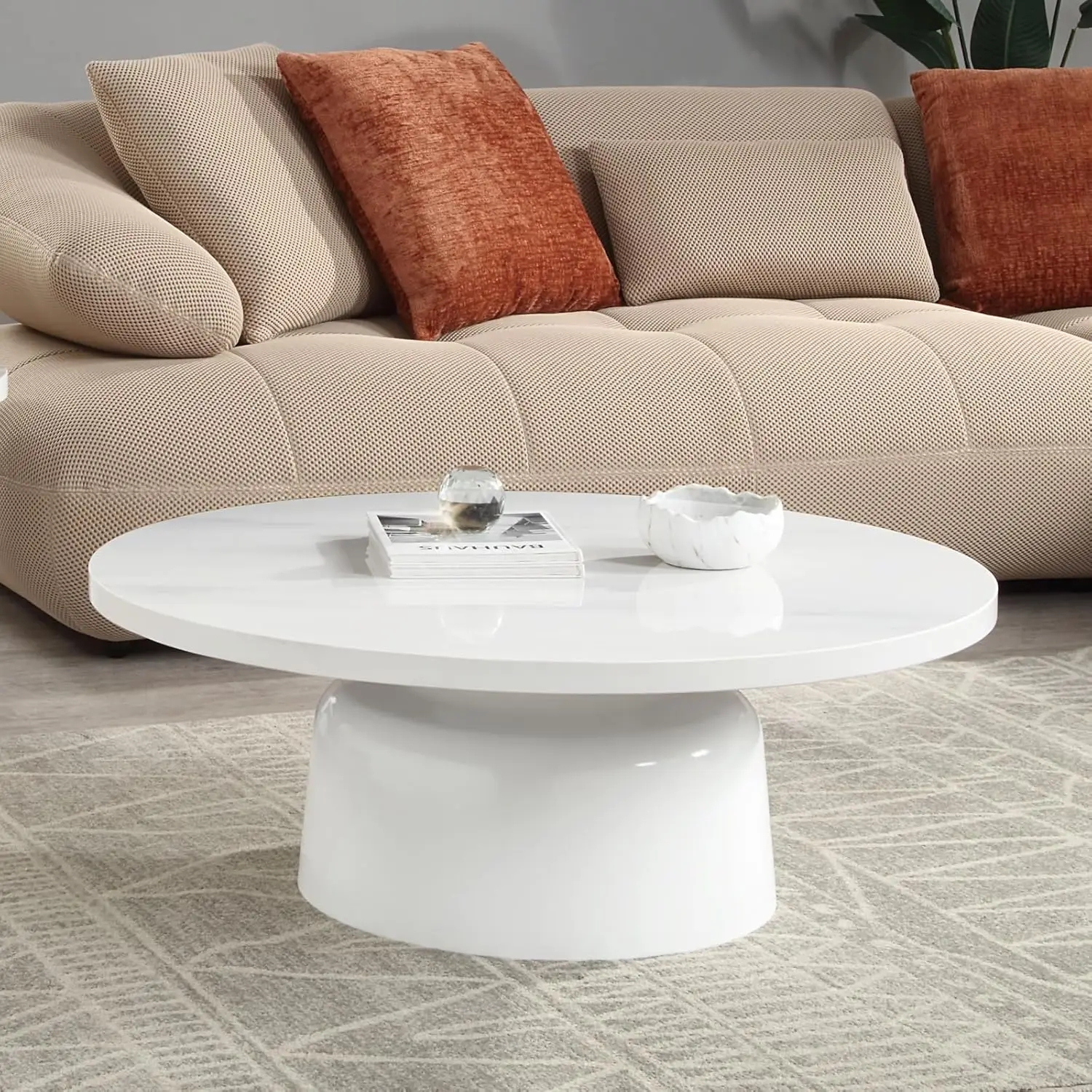 Ø40 Round Wood Coffee Table With Engineering Marble Top, High Gloss Finish Modern Circle Coffee Table For Living Room, Wooden