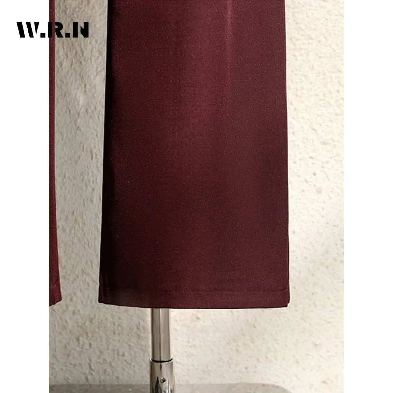 Fall Winter 2024 Burgundy Suits Pants for Women Office Lady Elegant High Waist Wide Leg Fashion Trousers with Pockets Black Gray