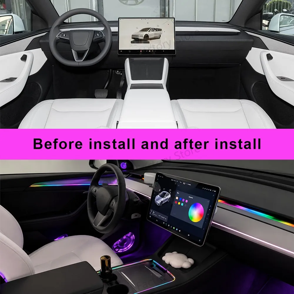 CF Dynamic Active Ambient Light For Tesla Model Y 2023-2024 Interior LED Dashboard Light Strip RGB Atmosphere Lighting Kit