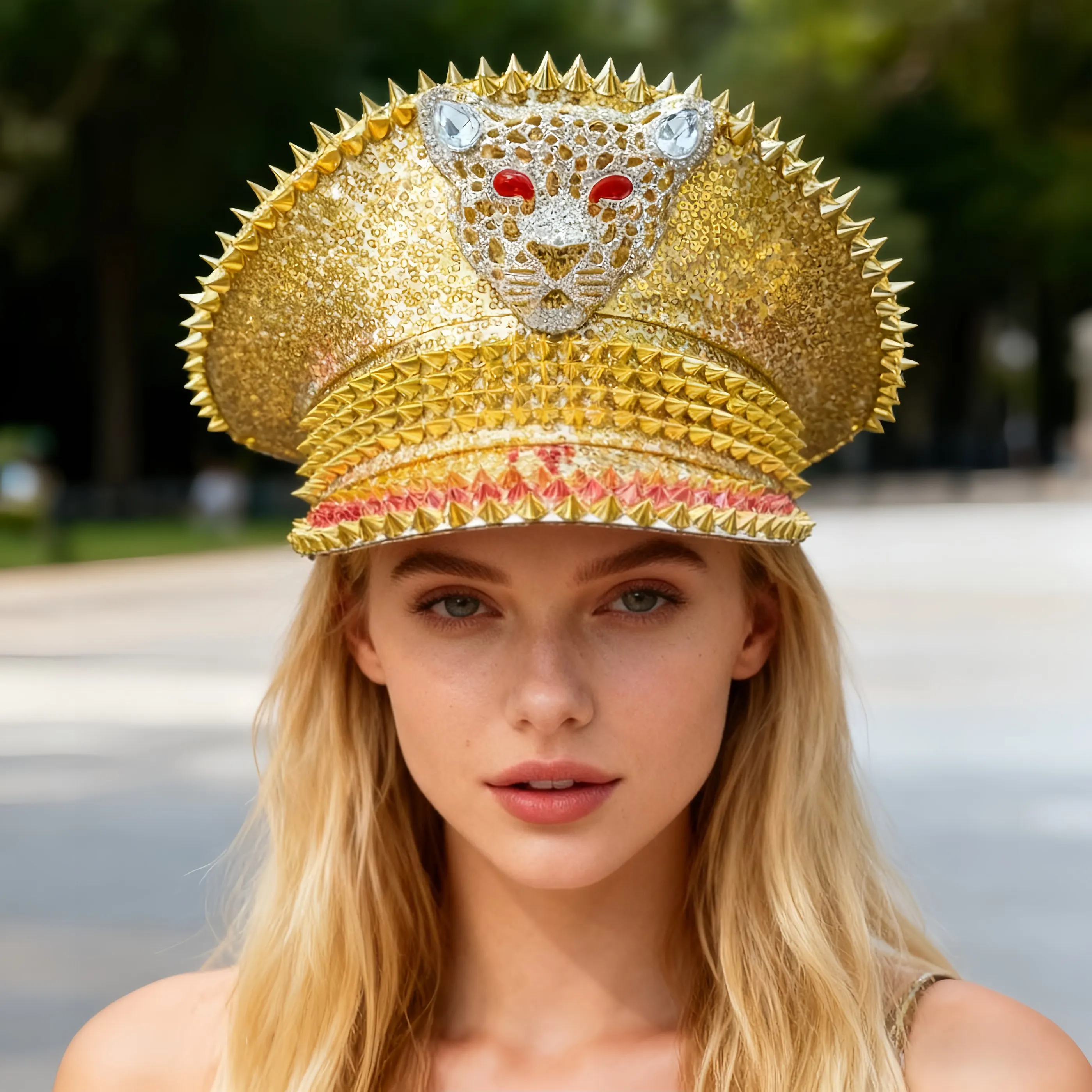 

HongLuan Yellow Laser Leather Loop Captain Hat Rhinestone & Military Caps for Woman, Rave Festivals Accessories ＆ Party Cap Man