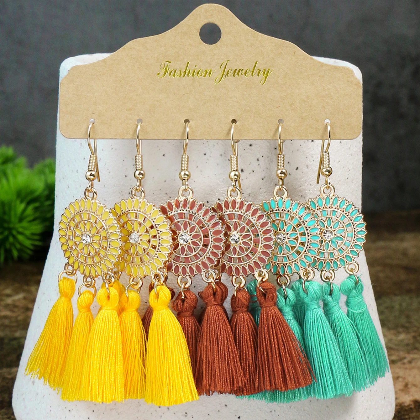 Boho Vacation Style Women Earrings Set Colored Tassel Design Rhinestone Inlay Round Earrings Court Style Jewelry Gifts