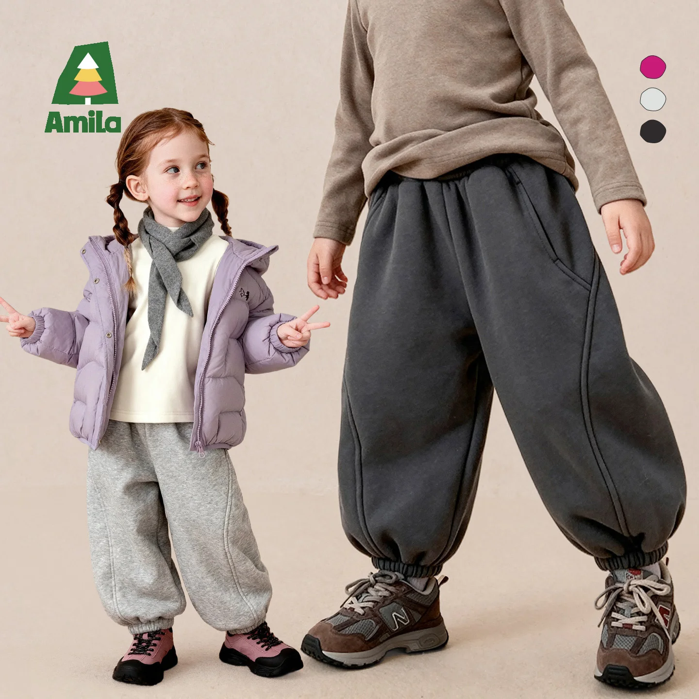 Amila 2026 Winter New Kids Jogger Pants Fleece Lined 3D Split Carrot Cuff Extra Warm Soft Comfortable Versatile Daily Long Pants