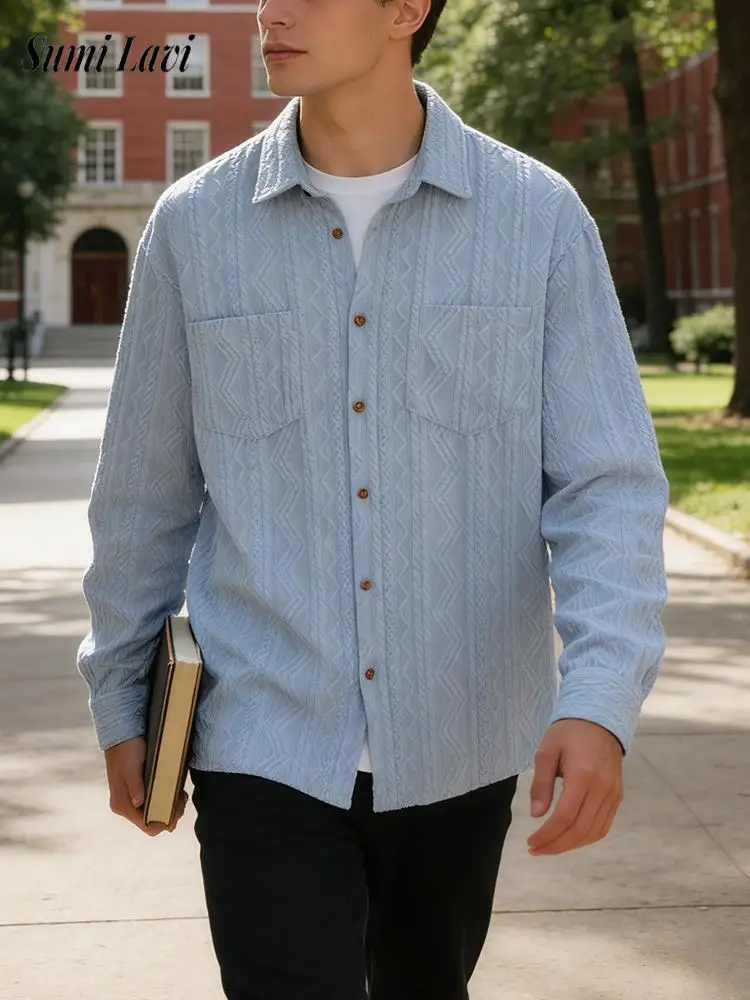 

Винтажные мужские куртки с лацканами на пуговицах, весна-осень 2026, повседневная текстурированная жаккардовая куртка с длинными рукавами, пальто, мужская стильная верхняя одежда