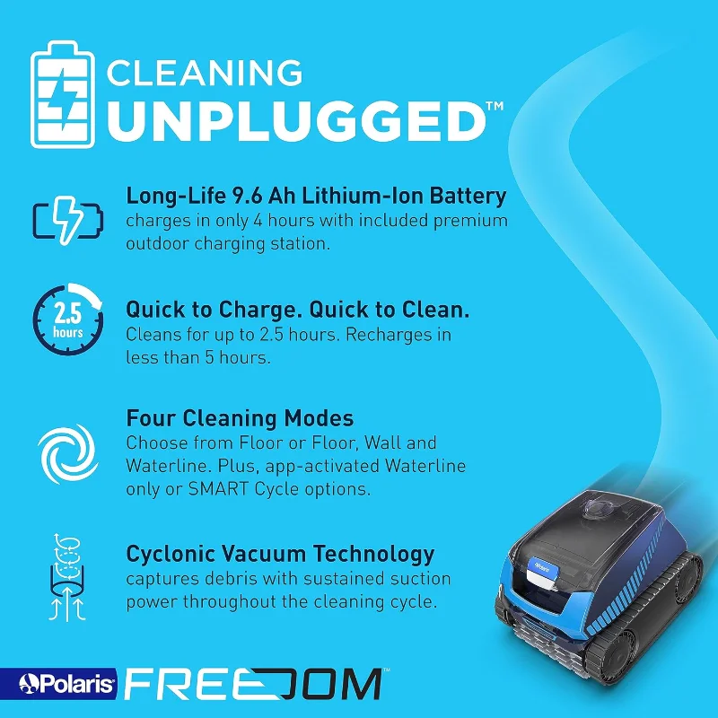 Polaris Freedom Cordless Robotic Pool Cleaner, Cable-Free for All In-Ground Pools up to 50ft, Four Cleaning Modes