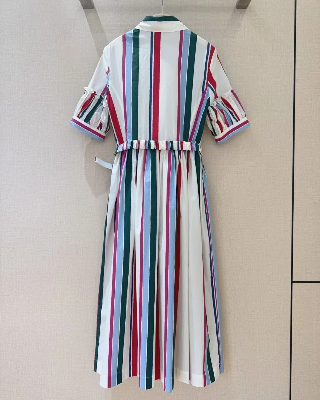 100%Cotton Dress 2025 Summer Style Lady Turn-down Collar Colorful Striped Print Belts Short Sleeve Mid-Calf Long Shirt Dress