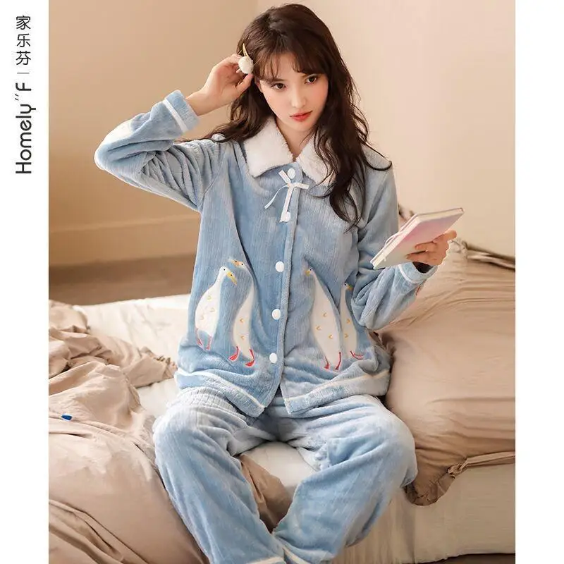 

Ladies Pajama Winter Coral Fleece Thick Warm Flannel Cute Sweet Homewear for Women Cozy Loungewear Sleepwear Kawaii Fashion