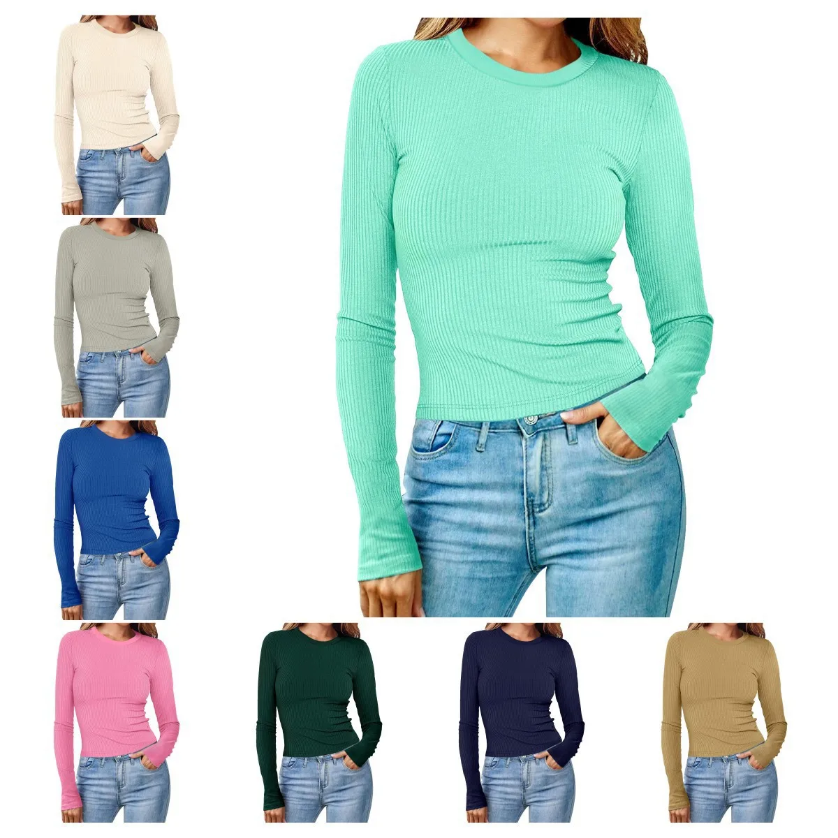 

Spring and Autumn New Women's European and American Round Neck Long Sleeve Pit Bar Short Solid Color Top T-shirt for Women
