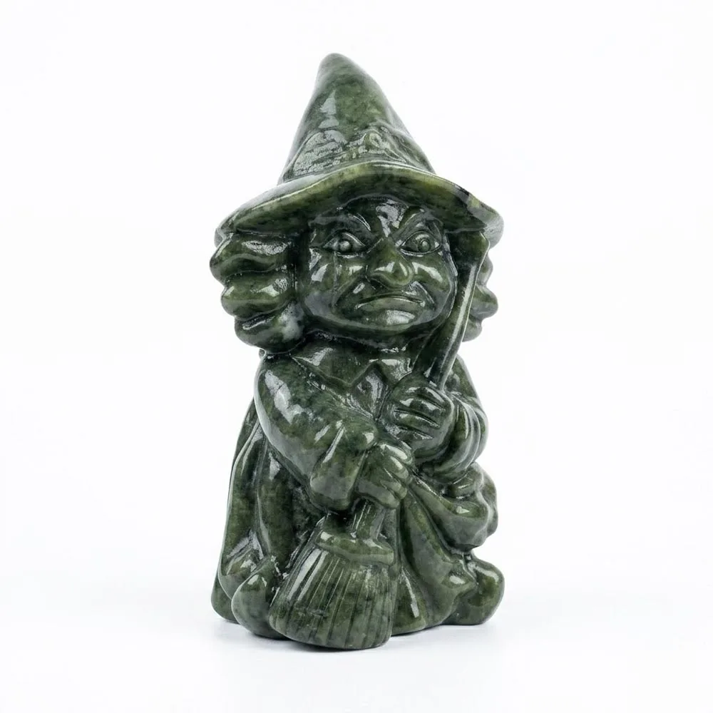 Natural Xiu Jade Witch Figurine Hand Carved Serpentine Gemstone Statue Wiccan Altar Decor Spiritual Energy Stone Ornament