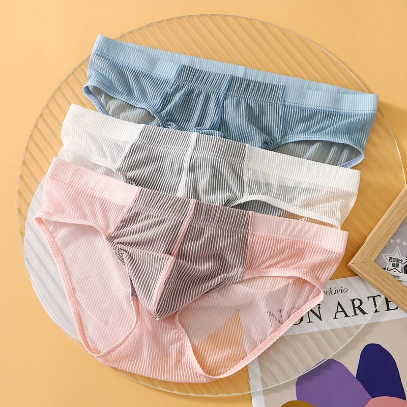 Sexy Men's Underwear Low-waisted U Convex Pouch Briefs Stripes Ice Silk Briefs Light Thin Transparent Graphene Crotch Underpants