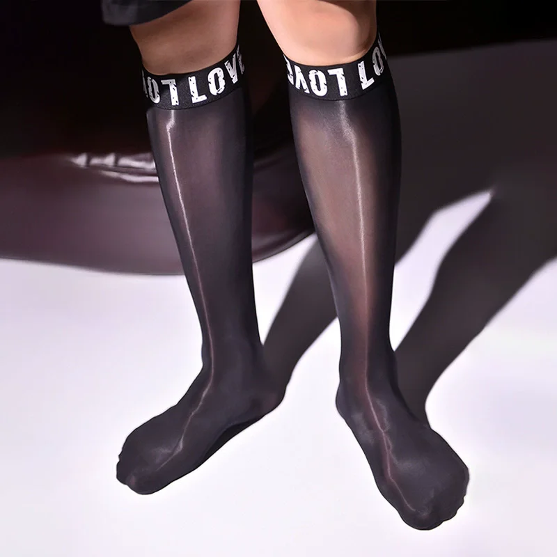 Sexy Men Cute Letter Oil Glossy Stockings Sheer See Through Shiny Silk Thin Elastic Nylon Stockings Socks Transparent Tights