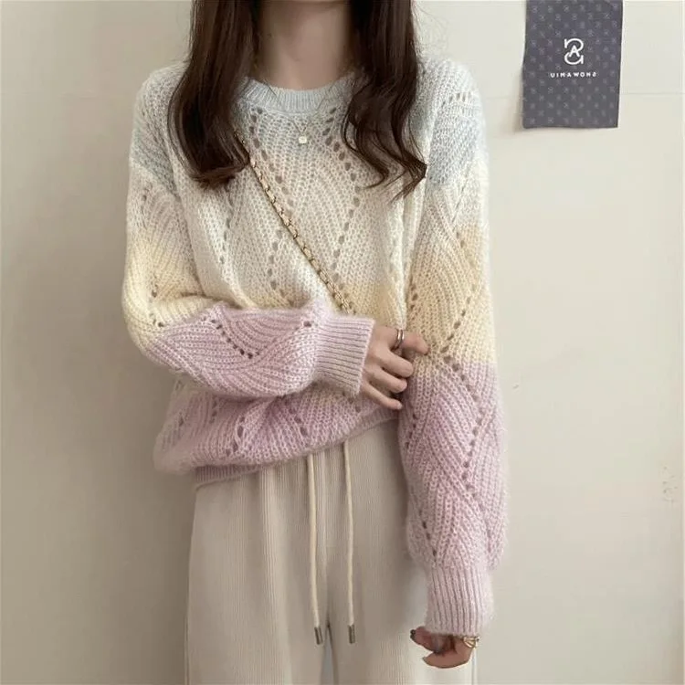 Hollow Out Knitting Pullovers Women Autumn Winter Simplicity Loose O-neck Sweater Sweet All-match Office Lady Knitwear Tops