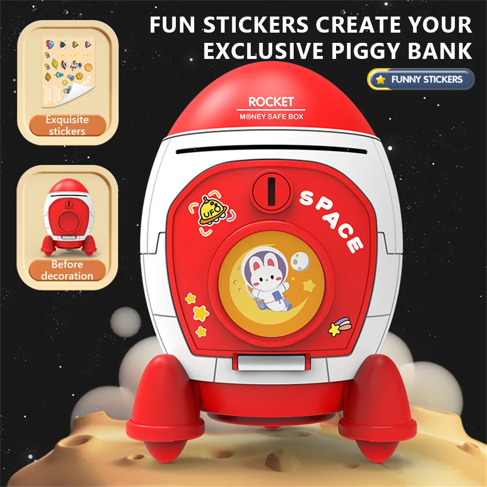 Children Piggy Bank Cute Aviation Piggy Toy Rocket Spaceman Piggy Bank Cartoon Sticker Manual Piggy Coin Money Box Kid Gift Toy