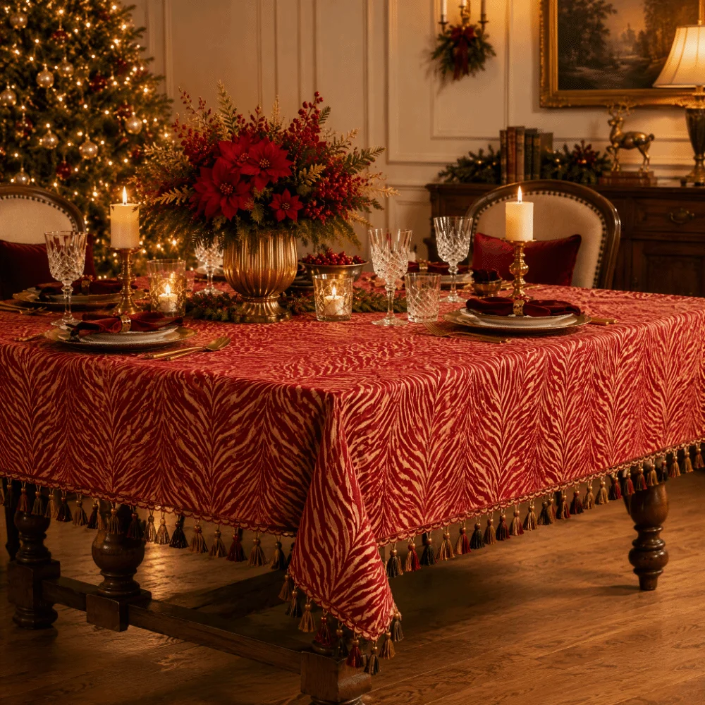 Polyester Cotton Christmas Tablecloth Woven Reversible Reversible Table Cover Anti-slip Golden Jacquard Table Cover Christmas