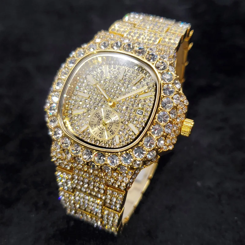 18K Gold Luxury Diamond Watches for Men Bling Shiny Hip Hop Zircon Wristwatch Fashion Iced Out Quartz Date Clock Dropshipping