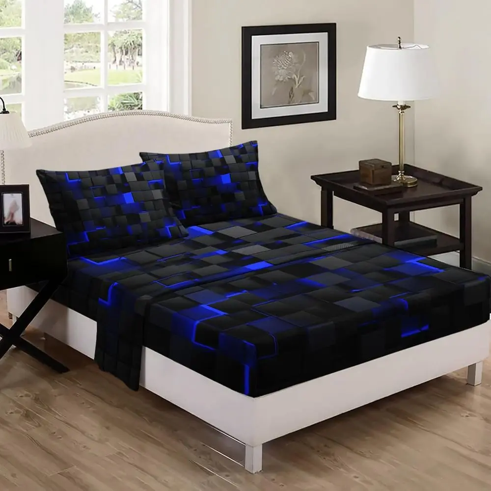 طقم ملاءات سرير مكون من 4 قطع بتصميم هندسي مقاس مزدوج، ملاءة سرير زرقاء سوداء مع جيوب عميقة مقاس 16 بوصة للأطفال والكبار