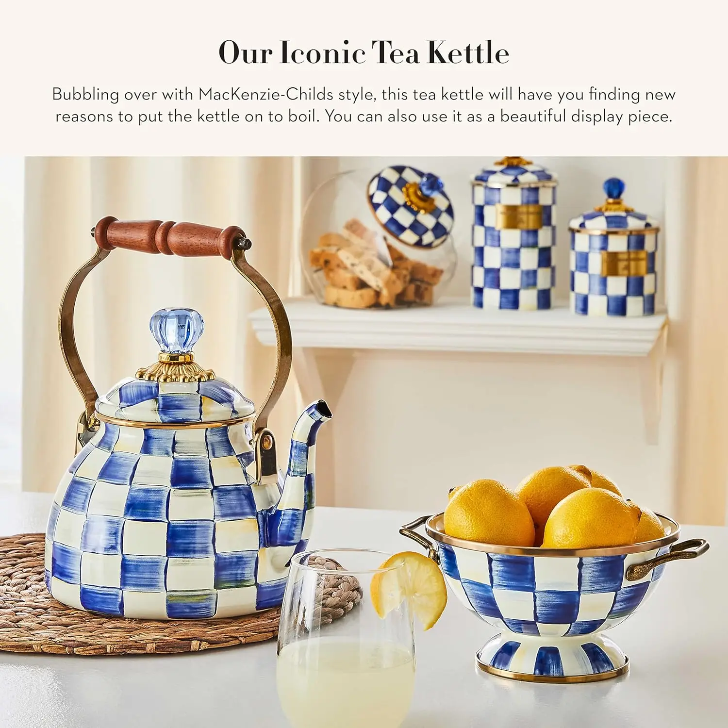 Enamel Tea Kettle, Stylish Tea Kettle for Stovetop, Blue-and-White Royal Check, 2 Quarts