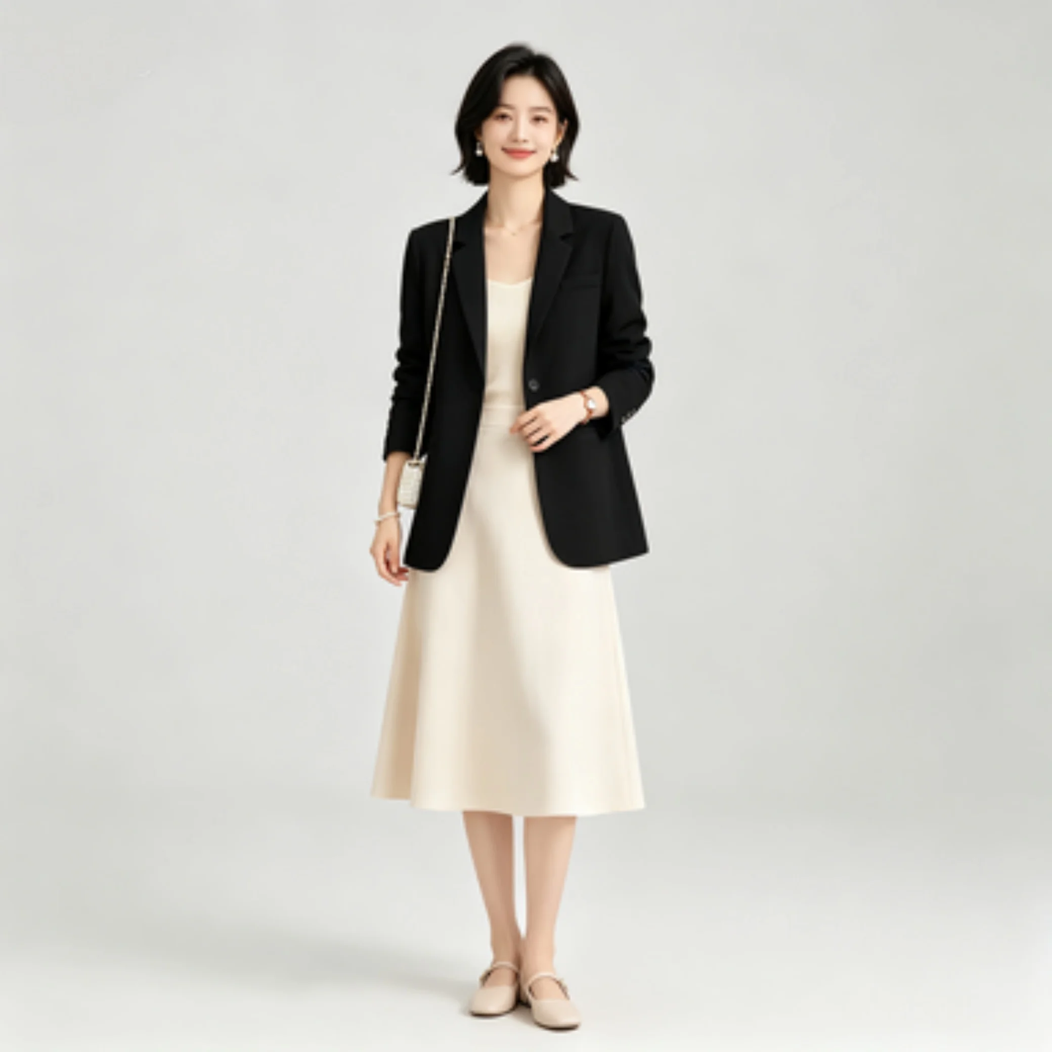 Women Lapel Blazer Single Button Business Outerwear Loose Fit