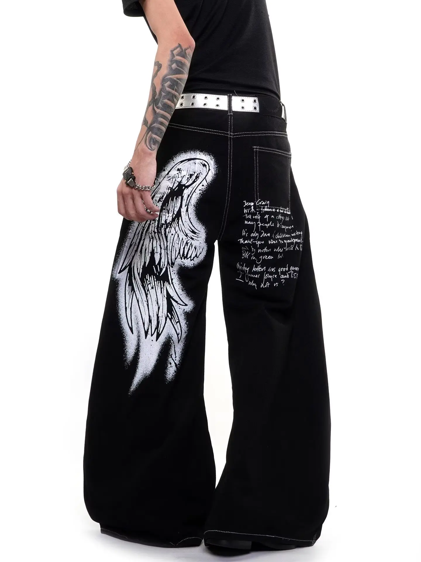 Loose Straight Leg Jeans Men's Streetwear Gothic Angel Wings Print Hip Hop Y2K Denim Large Size Jeans Casual Wear