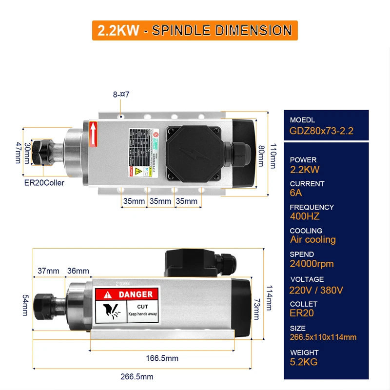 Spindle For Cnc Air Cooled 1.5KW/2.2KW Ceramic Bearing Spindle 18000rpm/24000rpm And HuanYang VFD Used For CNC Engraving Machine