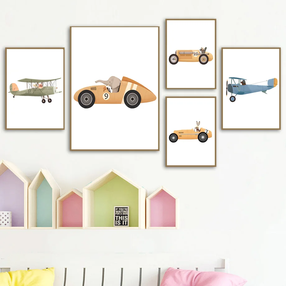 Airplane Whimsical Animal Race Car Bus Nursery Wall Art Canvas Painting Nordic Posters And Prints Wall Pictures Kids Room Decor