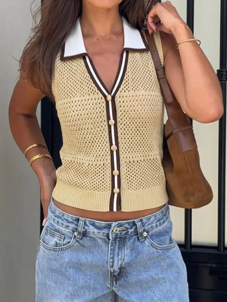 Uoozee Women Trendy Contrast Collar Hollow Knit Slim Lapel Vest 2026 New Summer Sleeveless Office Casual Crop Tank Tops