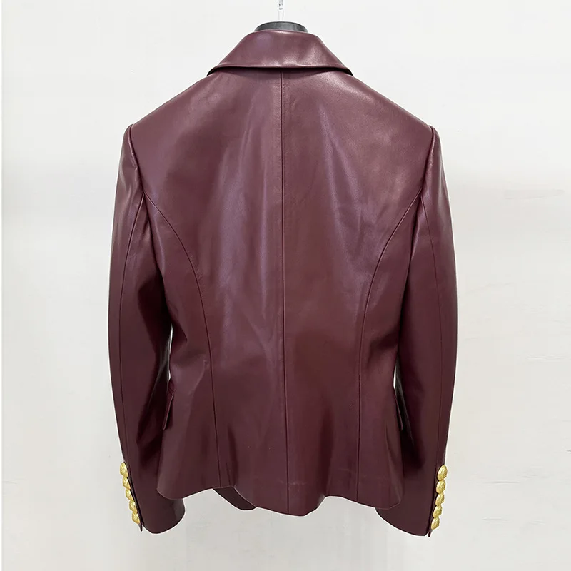 2026年早春新作　おしゃれなスリムフィットPUレザージャケット　ダブルブレスト通勤スーツジャケット　バーガンディコート