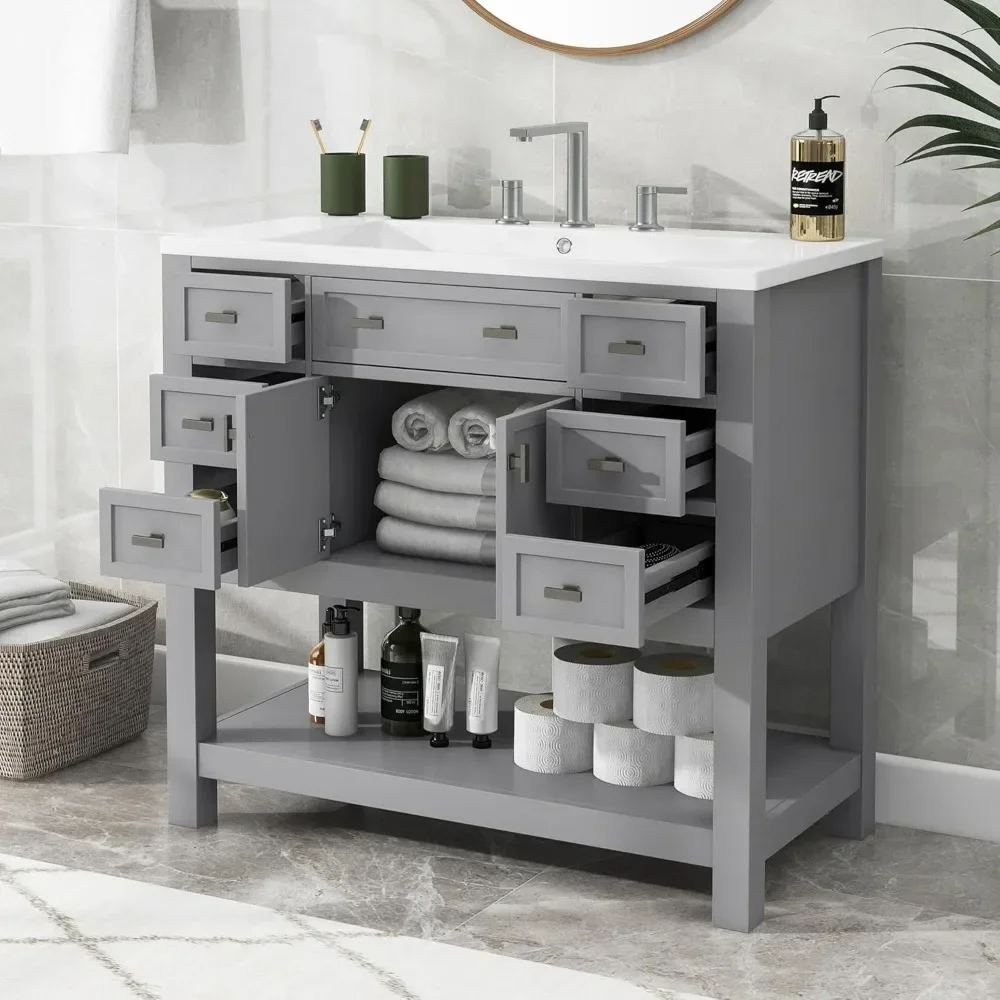 bathroom organizers, Bathroom Vanity with Single Sink Combo, Modern Bathroom Sink Cabinet with Soft Closing Doors & Drawers & Op