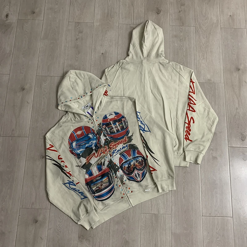 

DUAA American High Street Trendy Hoodie Washed Creative Print Rhinestone Men Women Versatile Zip Up Hoodie