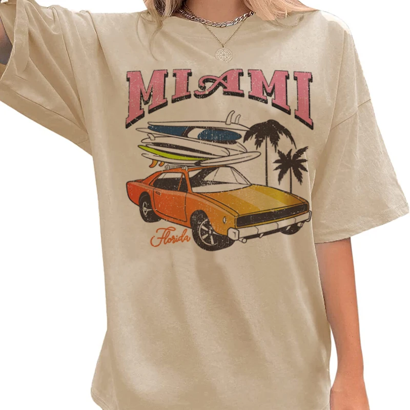 Women Miami Retro Car Surf T Shirt Oversized Vintage Beach Vacation T-Shirts Florida Travel Tee Shirt Fashion Summer Tops Outfit