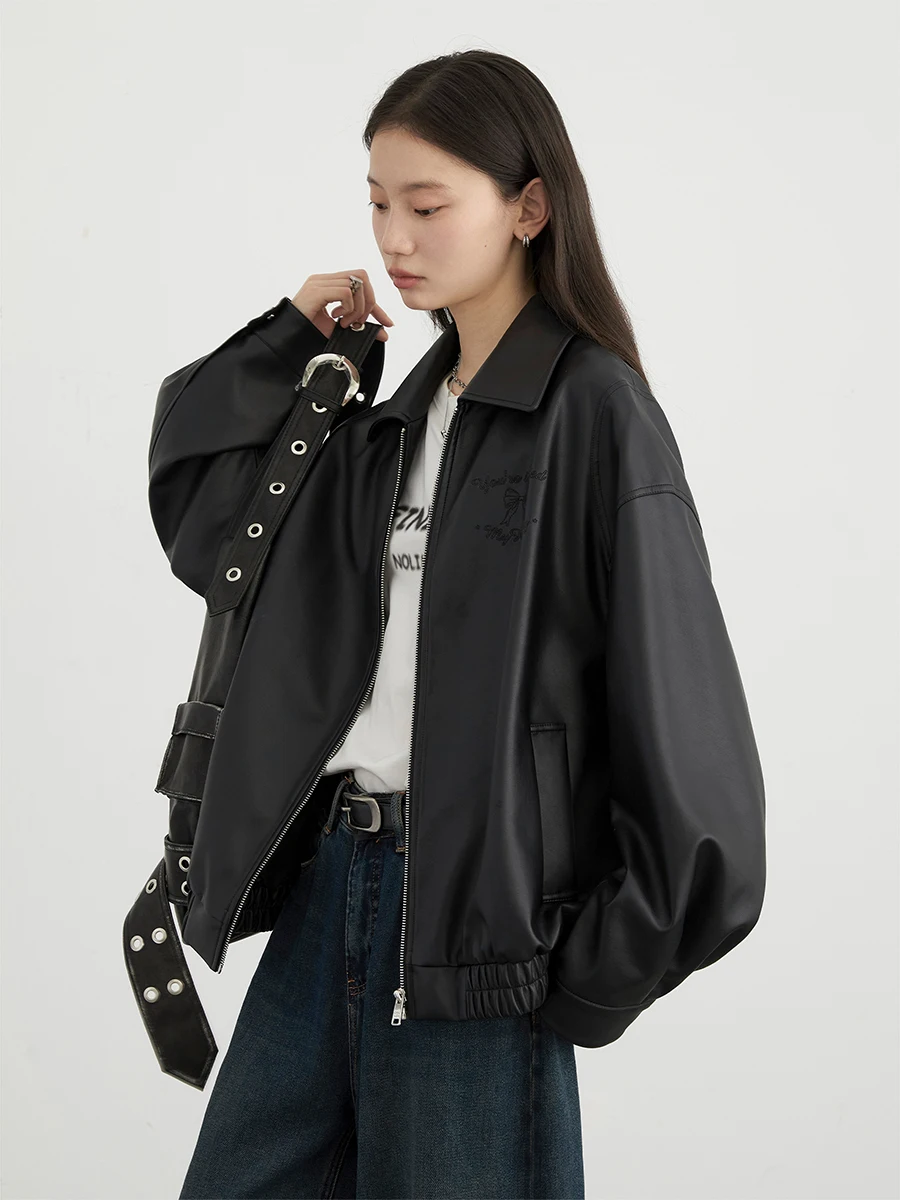 

Sweet And Cool Knot Embroidered PU Collar Jaet Oversize Coat for Women Chicven Spring New Sle Commute Windproof