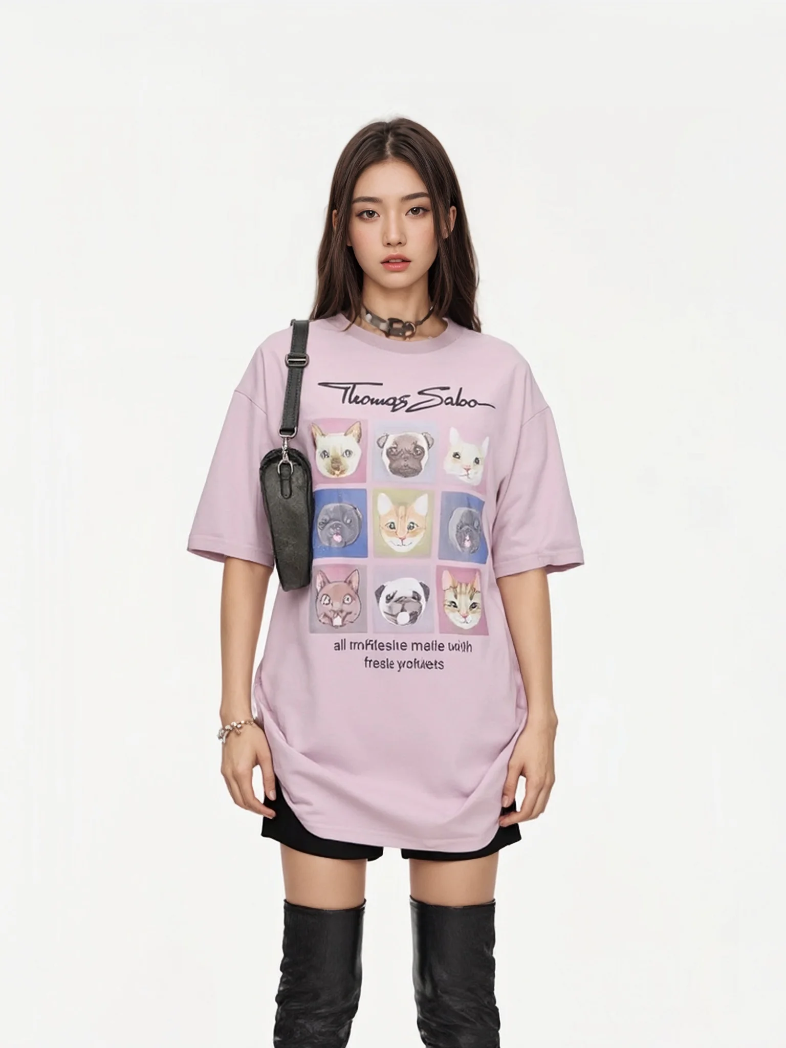 

Summer New Pink Print Loose Casual Sle Women's T-irt ort Sve Mid-Length Lazy Faion Cotton Tee Fem Teens