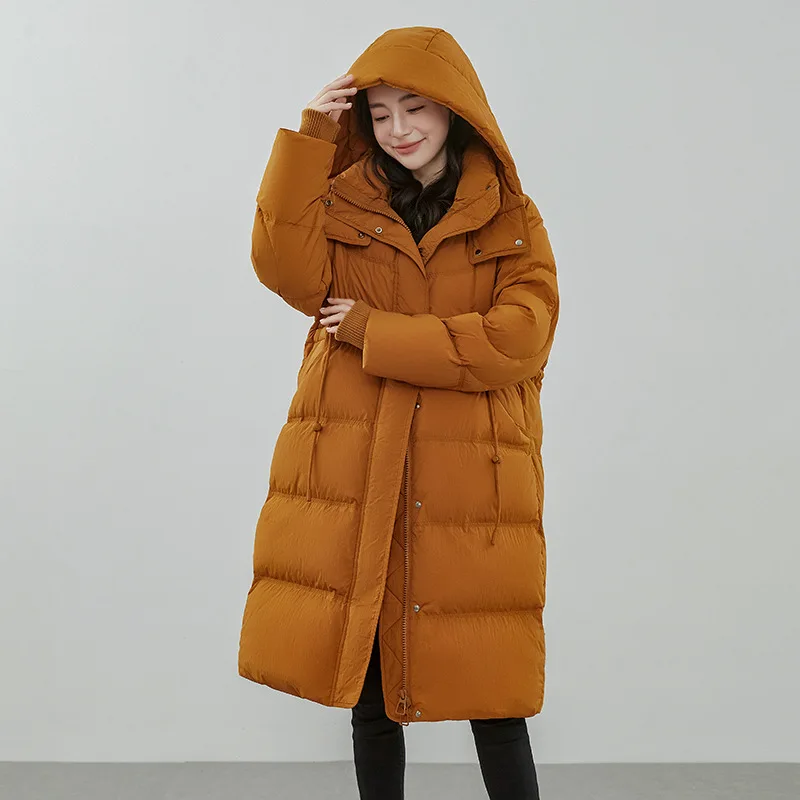

Зимний уличный теплый длинный пуховик с капюшоном, женские куртки до колена на белом утином пуху, женская толстая верхняя одежда Parker на шнурке