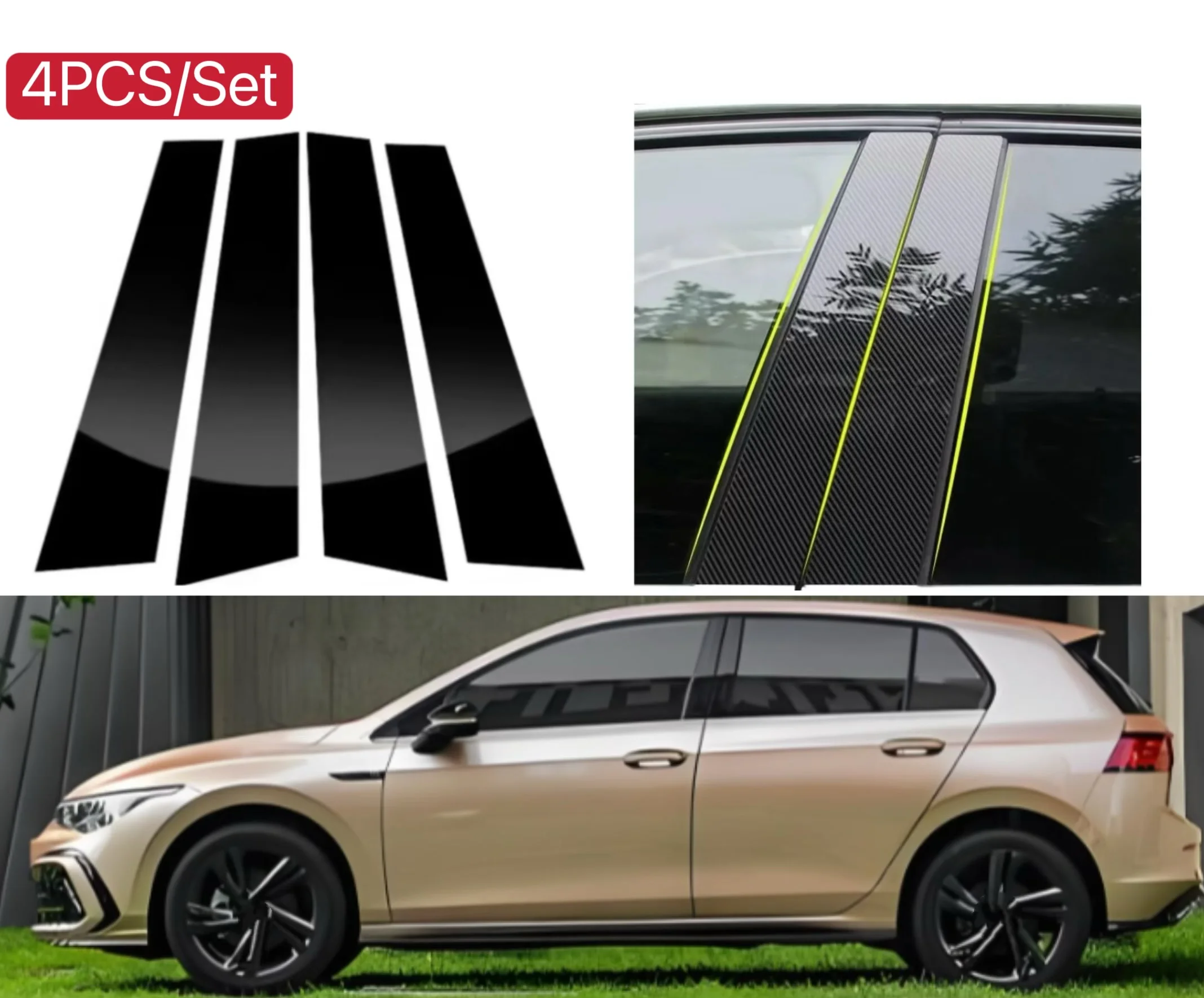 

4PCS Carbon Glossy Black Pillar Post Fit For Volkswagen VW Golf 7 8 MK7 MK8 Door Window Column BC Trim Sticker Cover