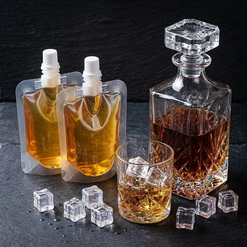A23T Reusable Drink Pouches Bulk 200pcs with Funnel for Travel Liquid Juice Bags Leakproof Portable