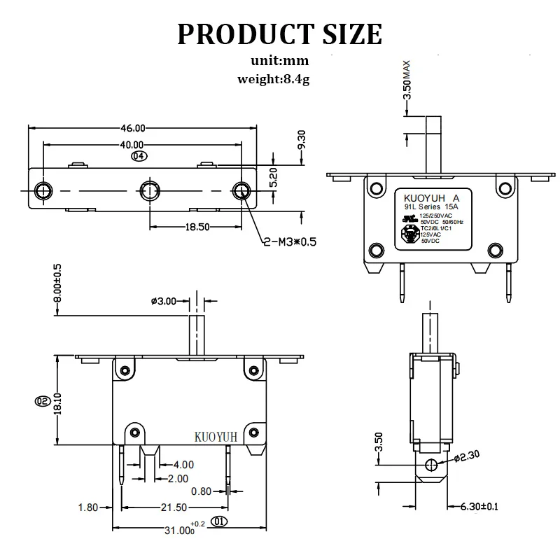 Kuoyuh  91L Series 15A 50VDC 125 250VAC  Manual Reset Overload Protector Mini Circuit Breaker