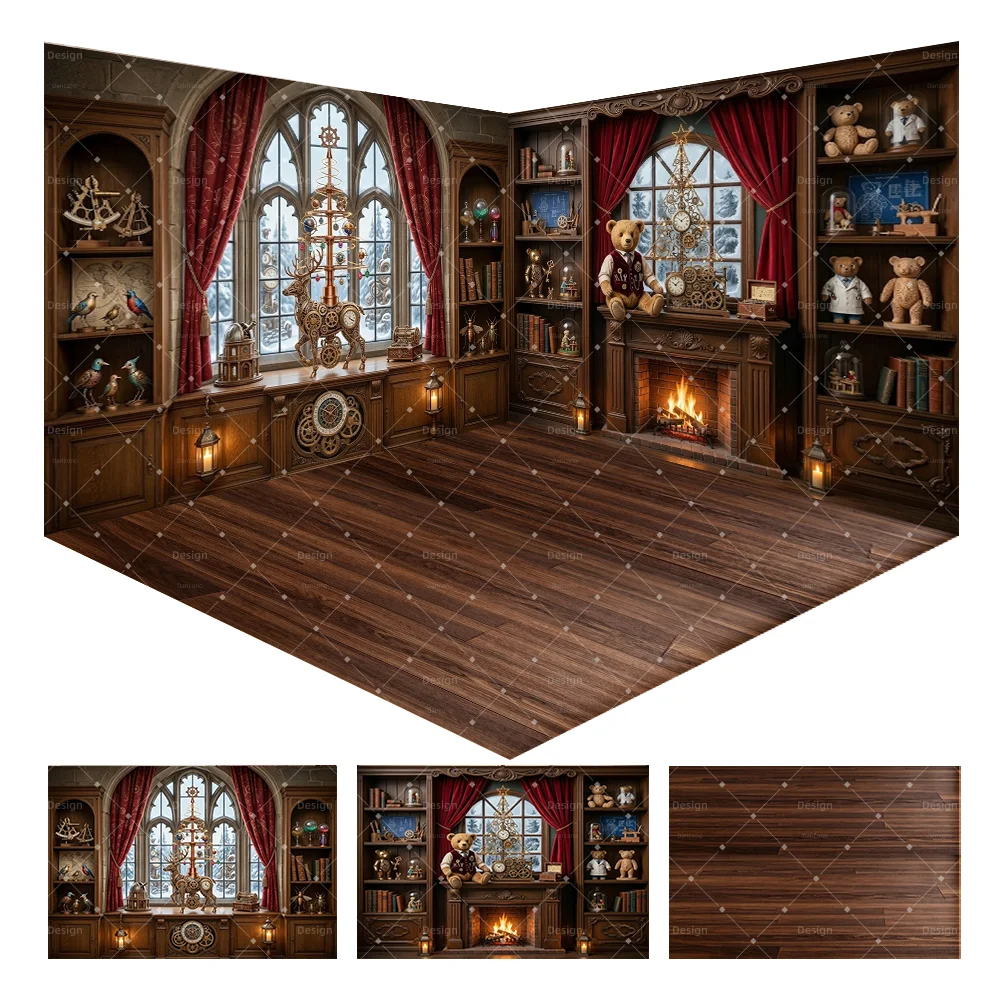 Vintage Study Christmas Corner Room Photography Backdrop Wooden Bookshelf Bear Fireplace Arch Snow Window Scene Kids Decor Prop