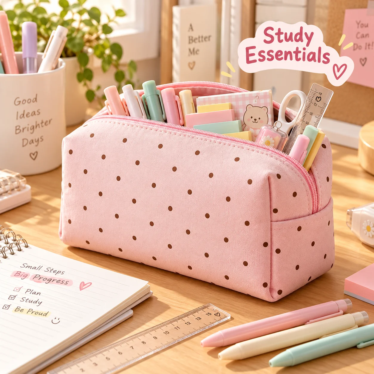 Portable Pencil Case Pink Polka Dot Stationery Organizer Wide Opening Storage Pouch School Office Desk Study Supplies Bag