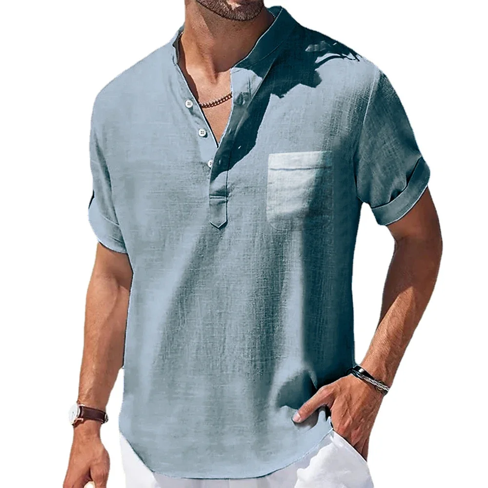 New Men\'s Casual Stand Up Collar Summer Solid Color Short Sleeve Linen Shirt Trendy Breathable Loose Youth Basic Pocket Top