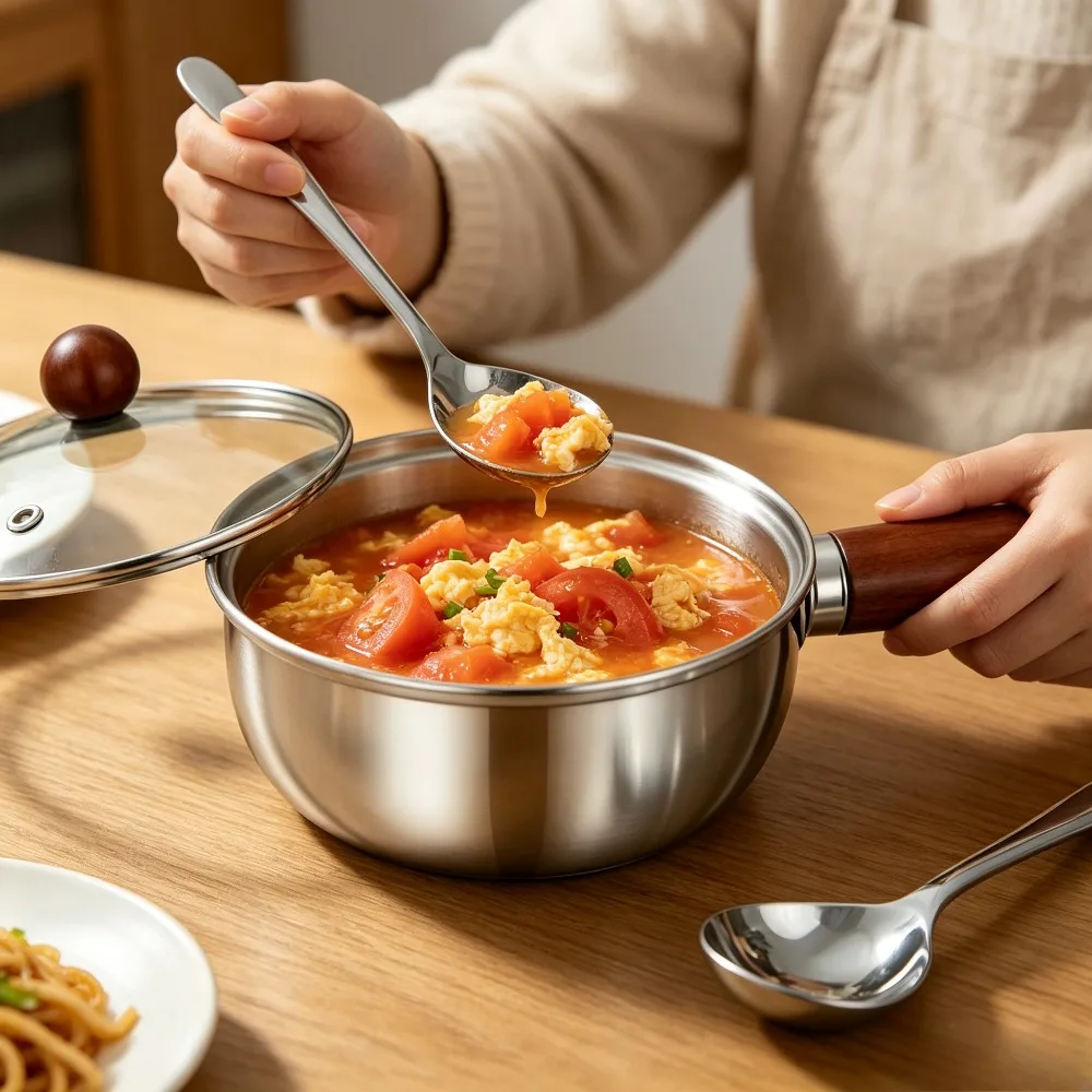 Wooden Handle Stainless Steel Saucepan Set with Lid Spoon Mini Ramen Milk Baby Food Pot Induction Camping Breakfast Cookware