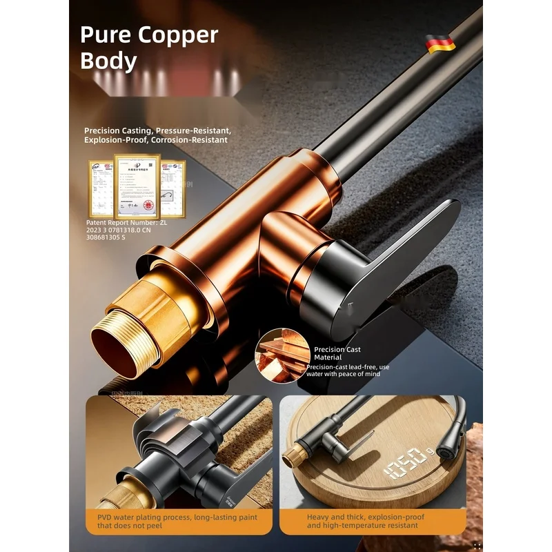 All-copper kitchen pull-out faucet, dual‑temperature hot and cold, for vegetable washing basins and sinks; telescoping, splas...