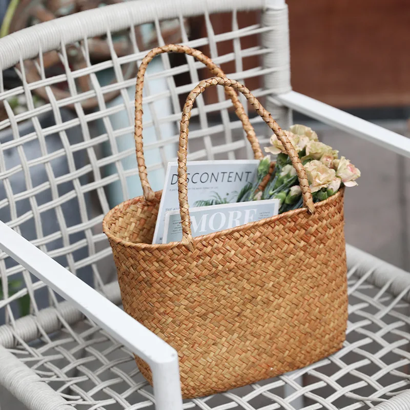 Eco-Friendly Woven Grass Storage Bags for Picnics and Outings Hanging Makeup Organizer Handmade Travel Bag for Women Shopping