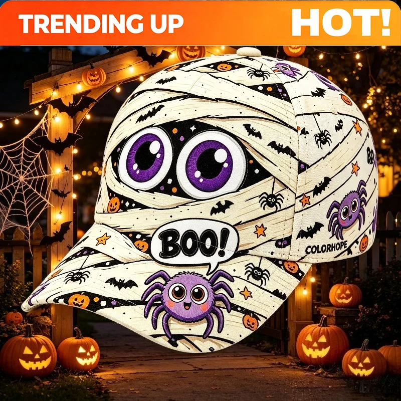 Customization Halloween Mummy Full-Print Baseball Cap, Cute Big-Eye Purple Spider Boo Pattern Adjustable Unisex Dad Hat, Casual