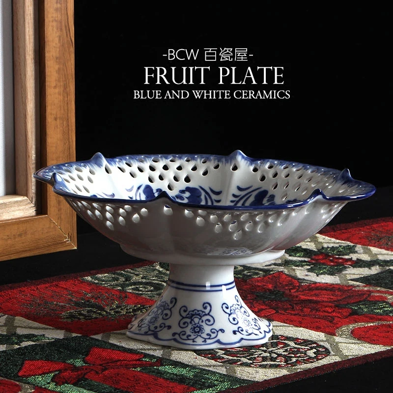 Ceramic Blue and White Fruit Plate Creative New Chinese Modern Living Room Personal Household Dessert Tea Table Decoration