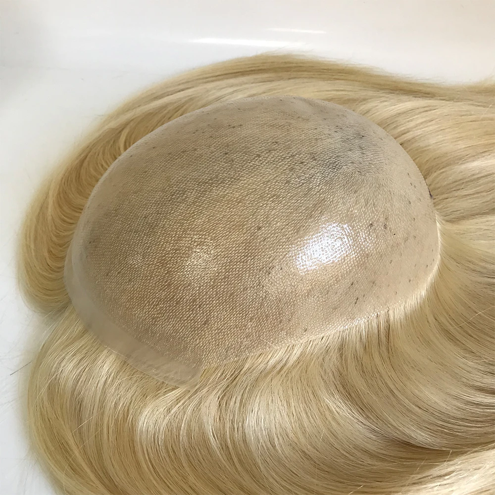 Human Hair Toupee 7x9inches Injected PU Women Toupee Blonde Thin Skin Cuticle Virgin Hair Straight