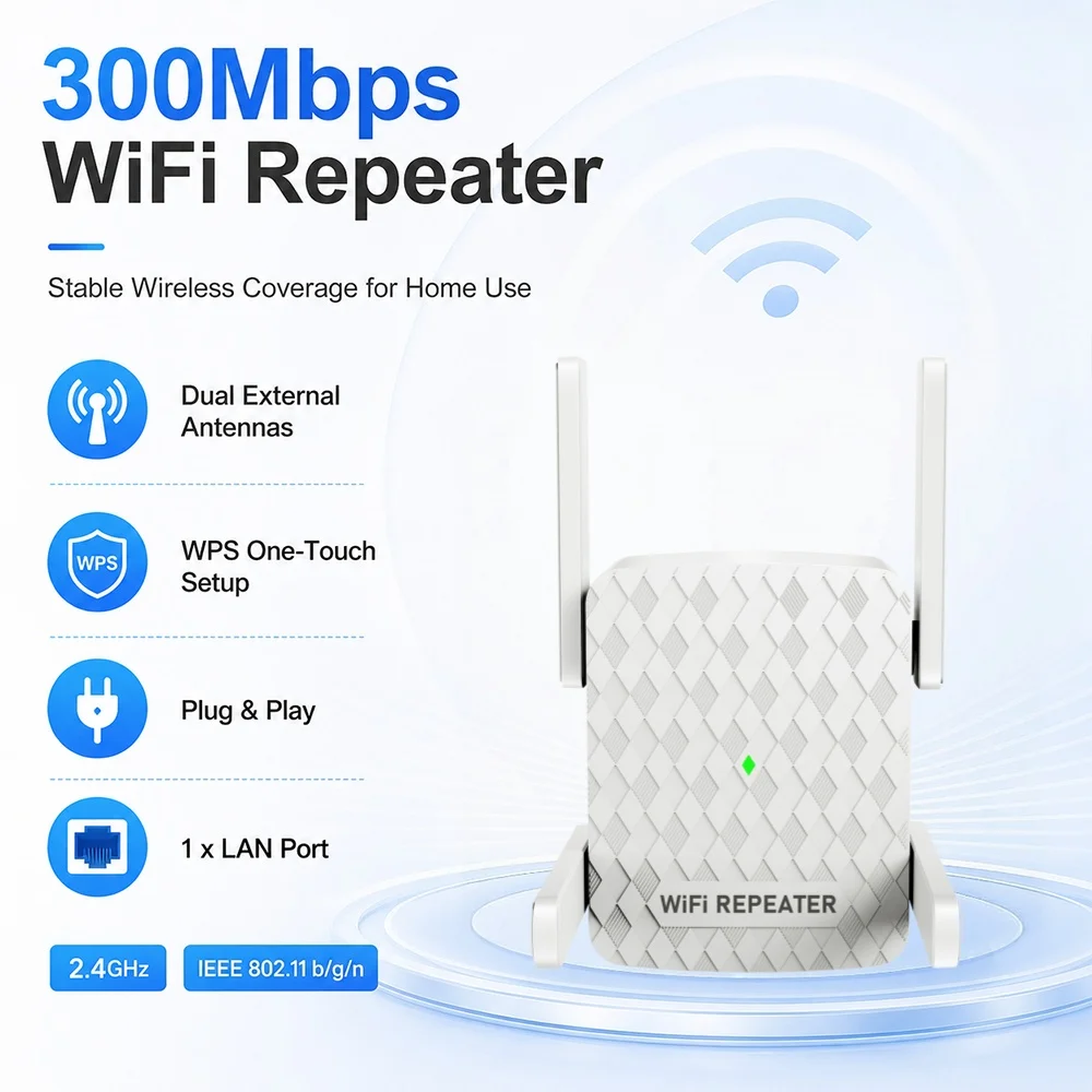 2.4Ghz WiFi Repeater 300Mbps Router WiFi Extender Amplifier Dual Band 2.4G Wi-Fi Signal Booster Long Range Network Interface